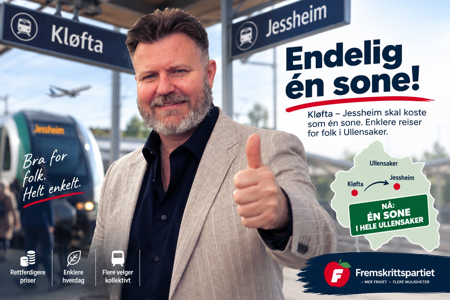 Kløfta–Jessheim skal koste som én sone. Enklere reiser for folk i Ullensaker.
